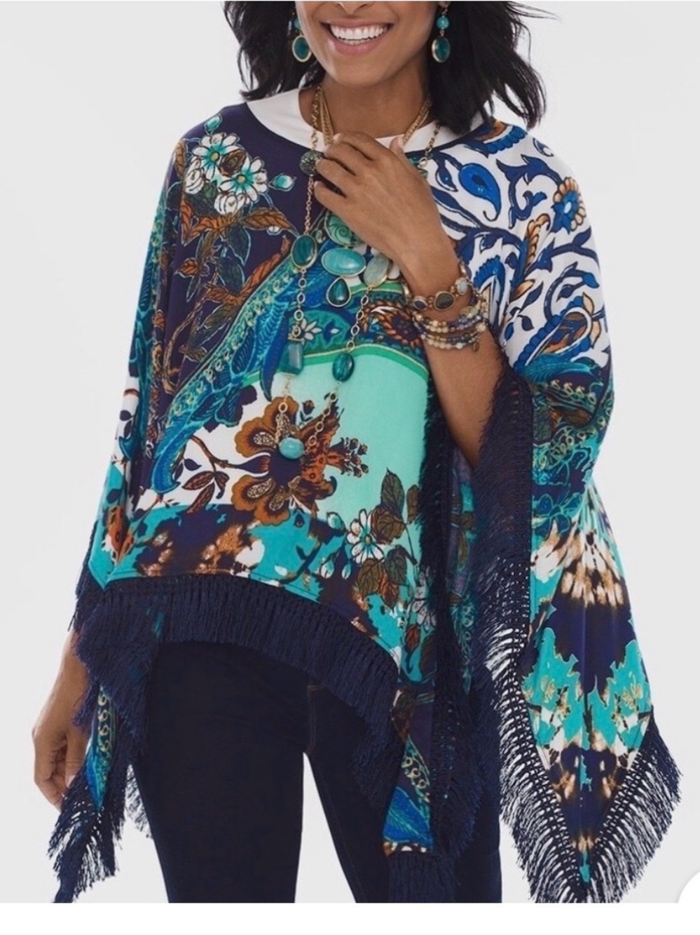 🌸. Chico's Blue & Teal Floral Fringe Poncho